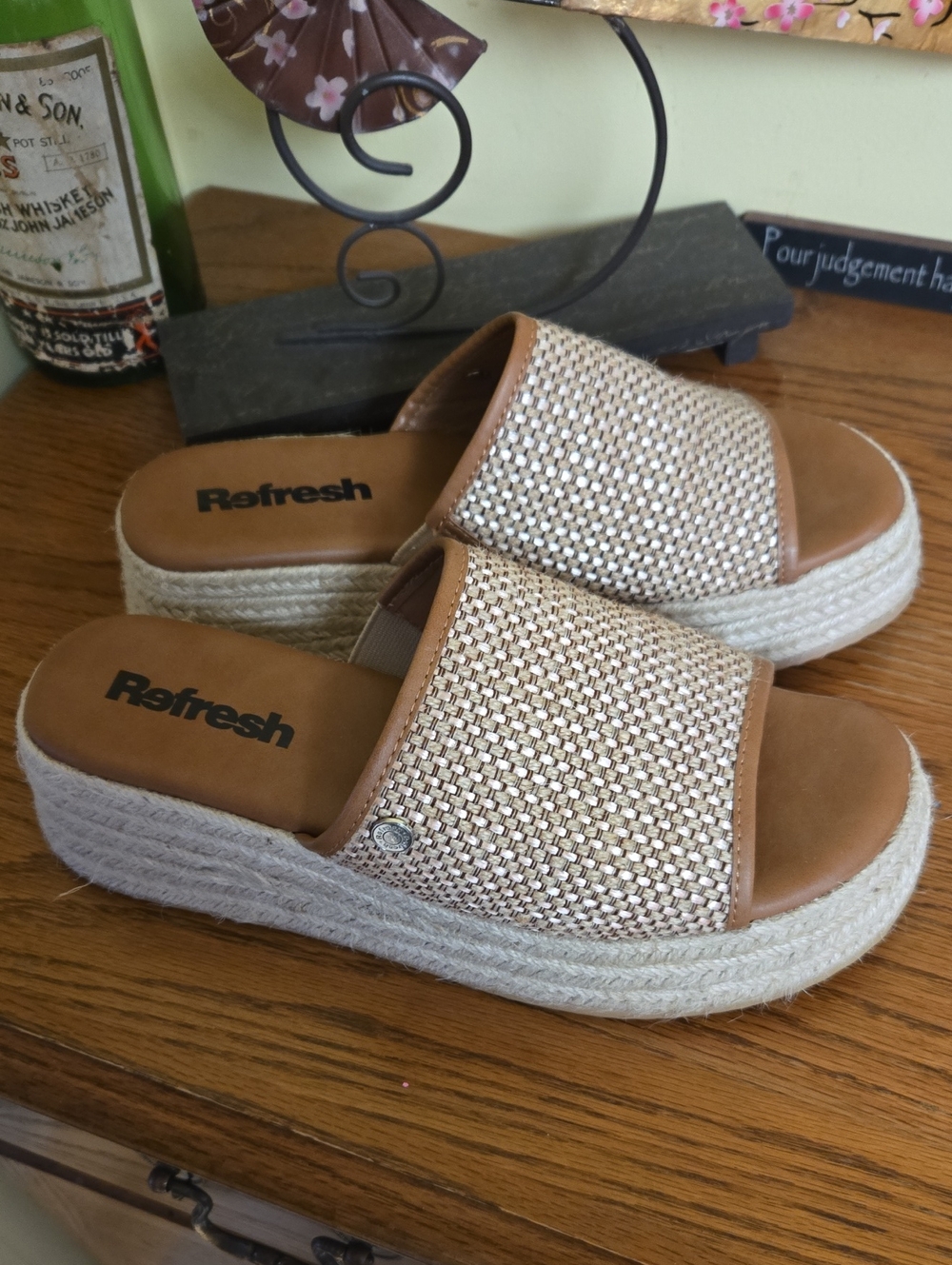 Refresh Women's Beige Woven Espadrille Platform Slide Sandals